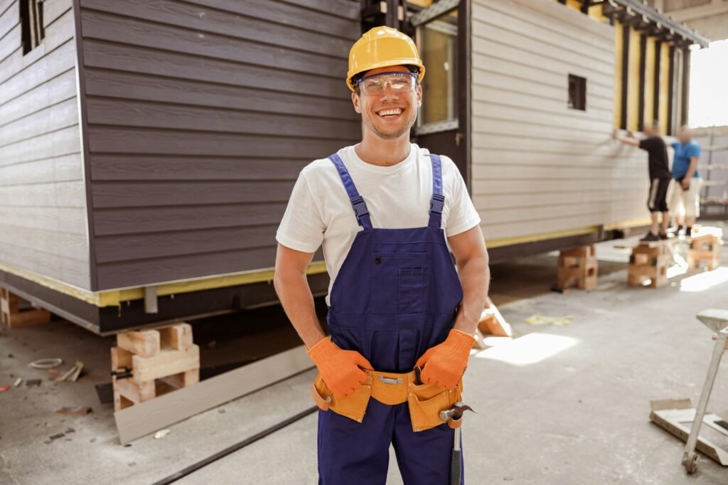 Cheerful male builder standing at construction site